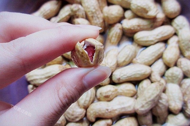 五香花生煮毛豆,为了入味快，花生用手捏开一条缝。