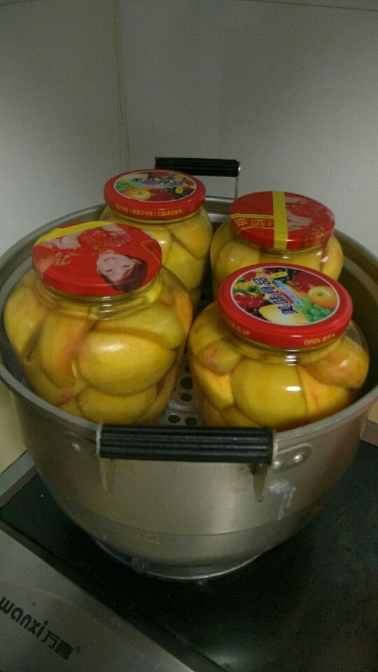 自制桃罐头,盖上锅盖上锅蒸。(为了拍照,没盖锅盖)上汽开始计时,10分钟关火。桃罐头做好了。