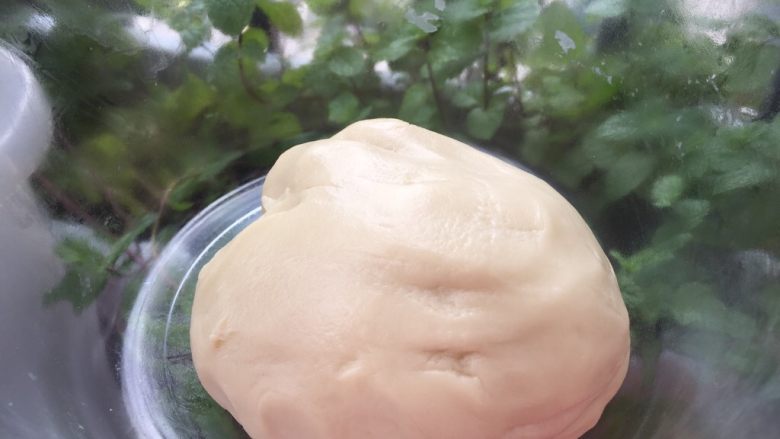 花样蛋黄酥,油皮的所有材料加入,揉至光滑表面后放在一盆温水上隔着醒发一小时以上。