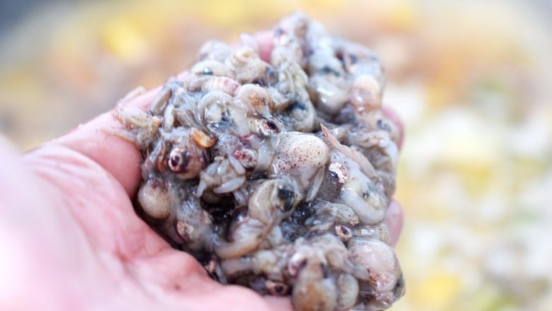 茄子墨鱼豆打卤面,加入墨鱼豆;