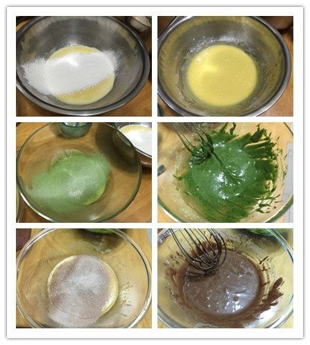 迷彩风 三色戚风,面粉要过筛后放入蛋黄糊中,分别搅拌至均匀待用