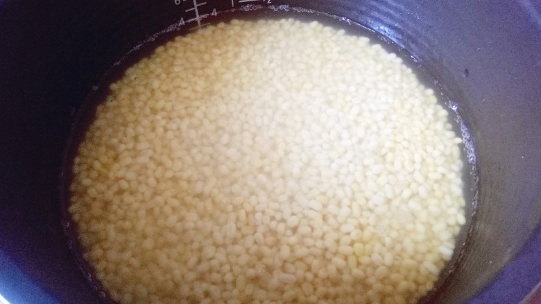 绿豆糕,泡了一夜的绿豆倒入电饭煲中,加入少量的水,略高过绿豆一点点即可。