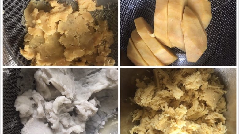 多彩芋圆,蒸熟后放网筛过筛一下,也可以直接捣烂,不过过筛后更加细腻