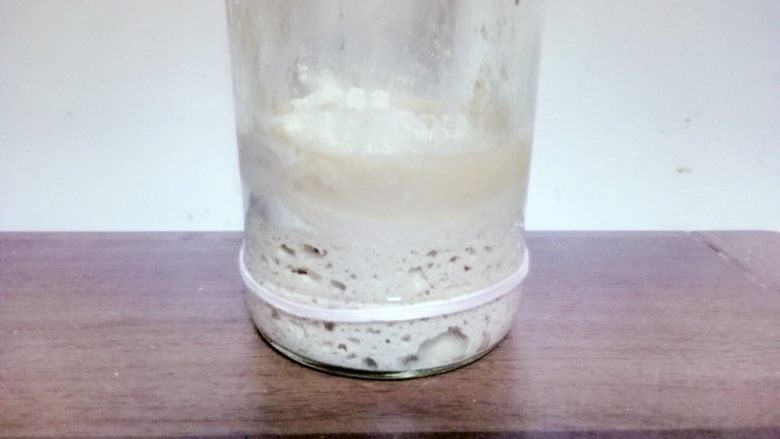 葡萄干天然酵母,第二次喂养,同样取50g种液和50g全麦粉放入罐子中