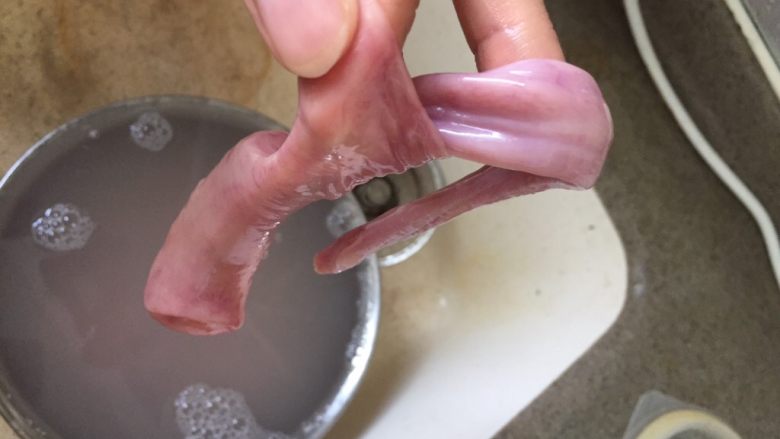 日式味噌煮九转小肠,现在把猪小肠再从里到外翻过来,把原本的外皮翻出来。再用盐和生粉搓洗各一次。最后再用水冲洗猪小肠,水基本是清澈的。