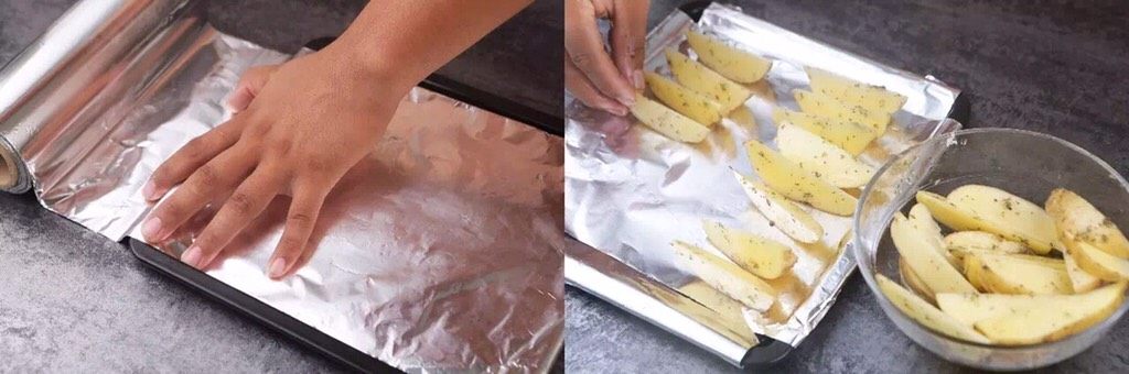 吃完舔嘴角,这是我吃过最好吃的土豆做法之一,烤盘上铺两层锡纸,土豆皮贴着锡纸摆放均匀,薯角之间留些空隙