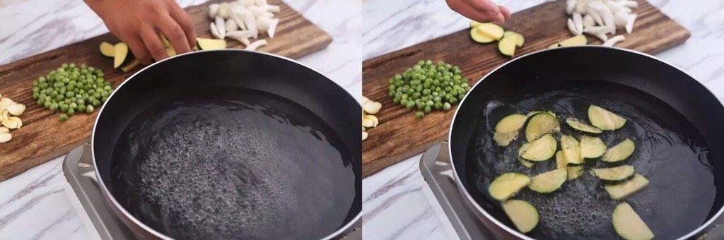 花5分钟，做一盘清爽瘦身不单调的炒菜，微笑对抗盛夏……,大火煮开水，加少许橄榄油和盐 ，放入南瓜