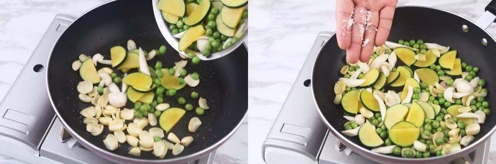 花5分钟，做一盘清爽瘦身不单调的炒菜，微笑对抗盛夏……,加入滤干水分的南瓜、豌豆、白玉菇，加一撮盐快炒一分钟即可。