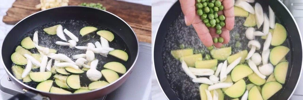 花5分钟，做一盘清爽瘦身不单调的炒菜，微笑对抗盛夏……,放入白玉菇、豌豆，稍微焯水