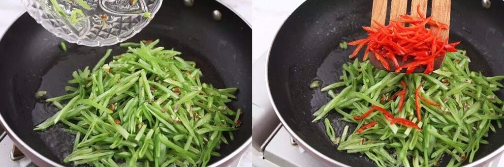 一道简单的不能再简单的小炒,竟然这么好吃!,热锅起油,下入扁豆丝,稍微煸香后加入红椒丝