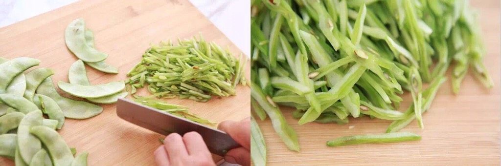 一道简单的不能再简单的小炒,竟然这么好吃!,扁豆洗干净去蒂,顺势撕掉老筋,斜切成丝(切丝比较容易熟,不会炒的很口感很烂)