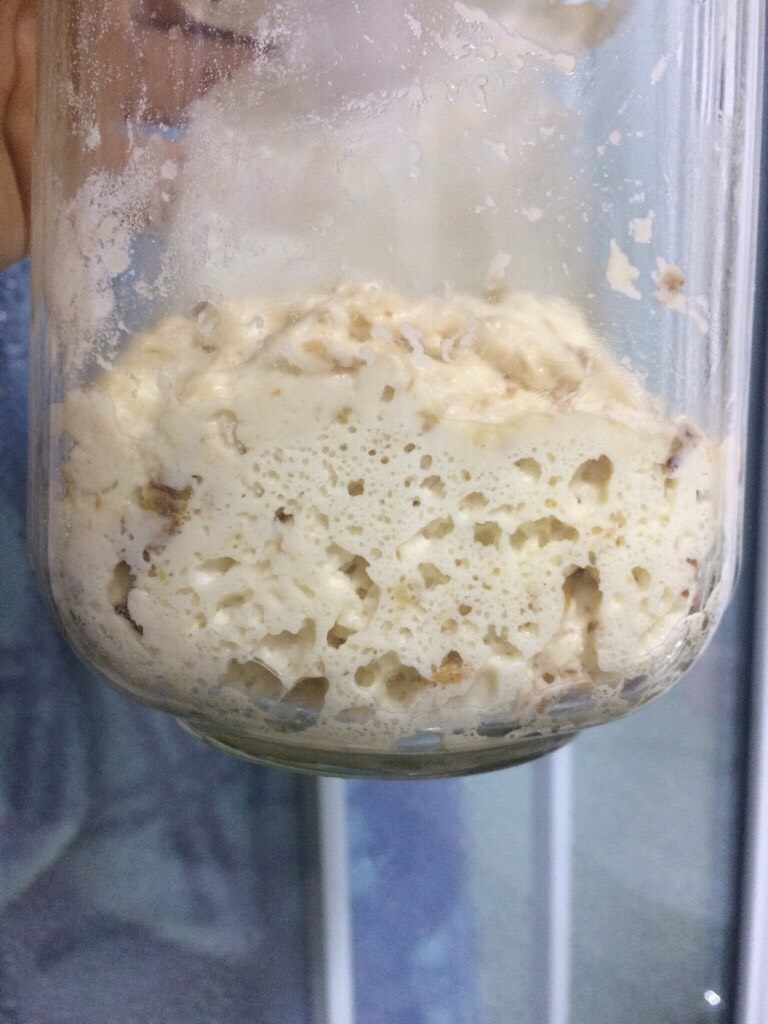 天然酵母宝宝的成长记,隔天早上7:30,第一次进行喂养,喂养80克凉开水和80高粉,先把凉开水倒入瓶中搅匀,再倒入高粉搅拌到无干粉,室温进行发酵。