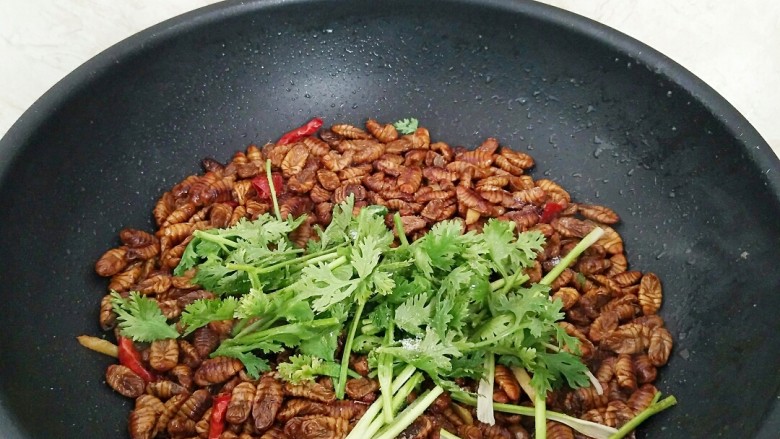 香辣蚕蛹,放入香菜,撒上盐。