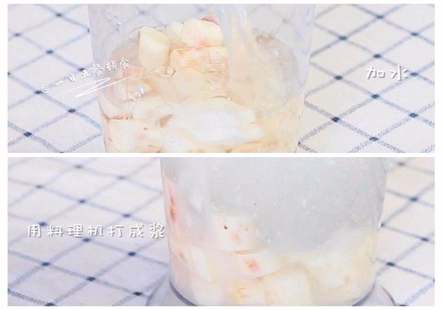 银鱼山药羹,山药去皮,切成段,加水用料理机打成山药浆。