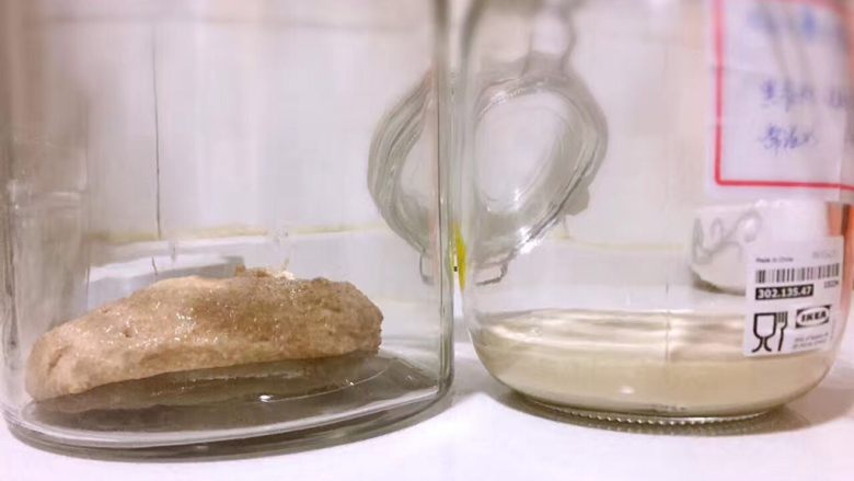 天然酵種培養記,于是開始了第四步:取上一步制成酵種的一半(另外一半丟棄)與第四步配方中的麵粉和水充分攪拌,放入清洗過的容器,加蓋,室溫下靜置,在靜置期間仔細觀察,如果酵種膨脹到原來兩倍以上,就可以進行第五步了,膨脹過程可能耗時4到24小時,時間長短視酵種的活力而定。