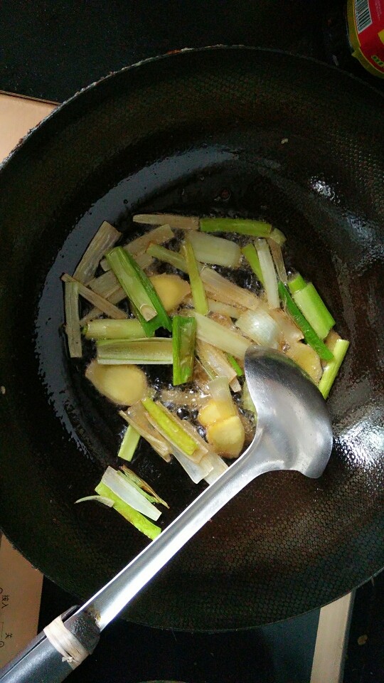 土豆炖鸡块,加入切好的葱段,姜片翻炒几下