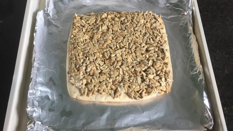 燕麦瓜子仁酥块,铺在面饼上抹匀开来,放进预热好的烤箱内继续165度上下火中层烤20分钟左右,至表面金黄即可,完全冷却后切块食用。