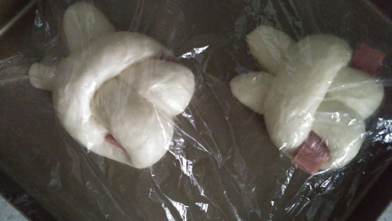 哄娃神器--萌萌哒兔子面包,发酵好的兔兔表面刷一层蛋液,放入预热好的烤箱170度上下火170度20分钟左右。
出炉后用融化的巧克力或者可可粉+水调成的酱画出兔兔的眼睛即