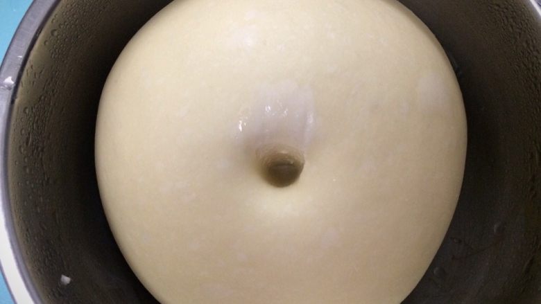 米香奶酪山形吐司(冷藏发酵法),手指沾粉戳一下面团,微微回弹,这状态说明一发到位了。