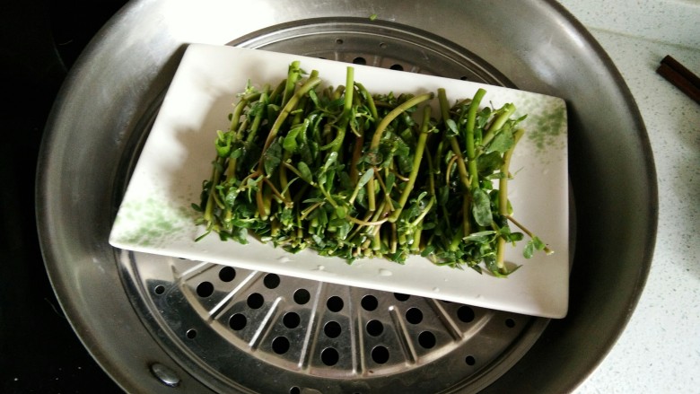 蒸剁椒蒜泥马齿苋,马齿苋盘子放入锅中蒸帘上,盖锅开火蒸5分钟
