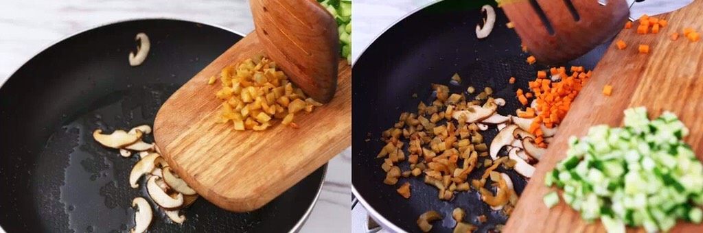 这就是大街上5-15元一份的炒饭?吃的是情怀也是简约,热锅起油,又不要太多,先煎香香菇片,煎至两面微微焦黄