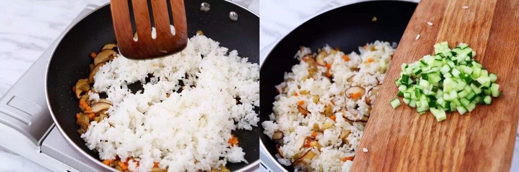 这就是大街上5-15元一份的炒饭?吃的是情怀也是简约,加入准备好的隔夜饭,夏天需要冷藏。
过夜的米饭容易结块,小火加热过程中,快速用铲子把米饭炒热、压散、打散,炒至蓬松的状态,加入黄瓜丁。