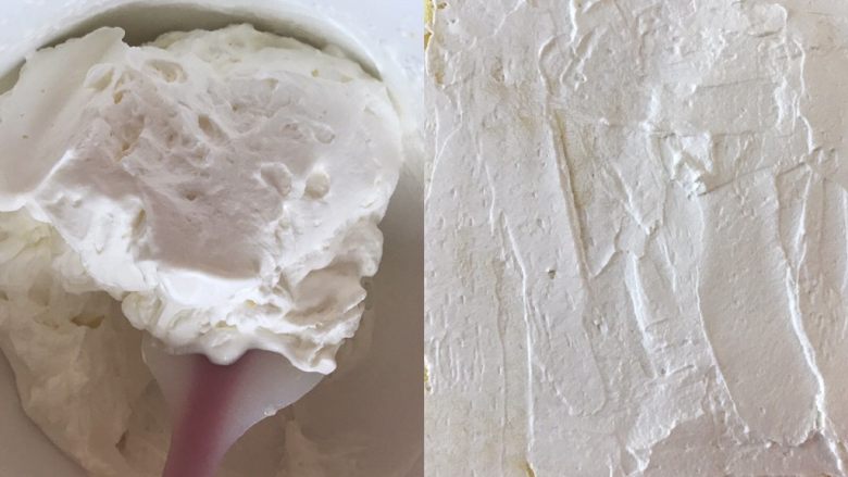 百香果蛋糕卷（充满热情的卷卷）,凉卷胚的时间，我们来准备奶油。
奶油混合糖粉和盐，打发到偏硬的状态，然后抹在卷胚上，随便哪一面都可以，个人喜欢毛巾面哈！卷卷最头上的奶油可以抹厚一点，这样卷出来的好看一些。