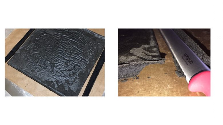 黑·竹炭咸奥利奥蛋糕卷,蛋糕片脱模后,放在油布或油纸上!正卷反卷自己喜欢就好,在一边45度角斜切,为了卷好后是一个圆形!再将两边,左右手的位置,切边,为了不开裂,斜切的那边放在我们身体的对面
