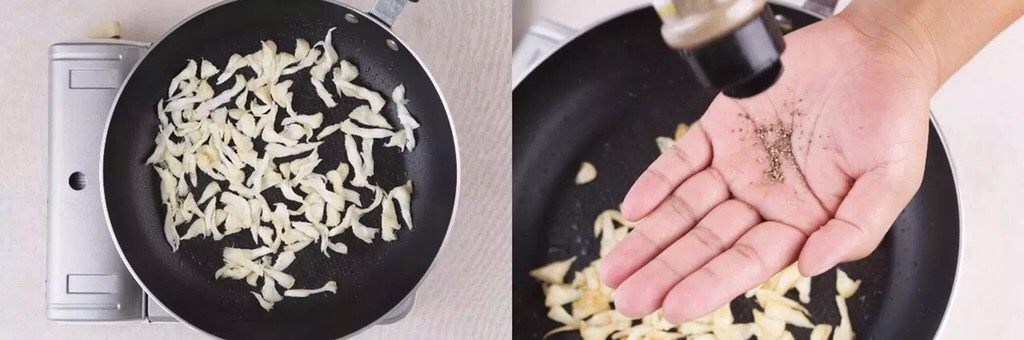 一份不正宗的意大利面,但好吃到一人吃三碗!?,第三幕:通心粉和食材的完美融合
- step 7 -
热锅倒入橄榄油,下猴头菇煸炒出香味,炒至微微变色,再根据个人口味加少许黑胡椒提香