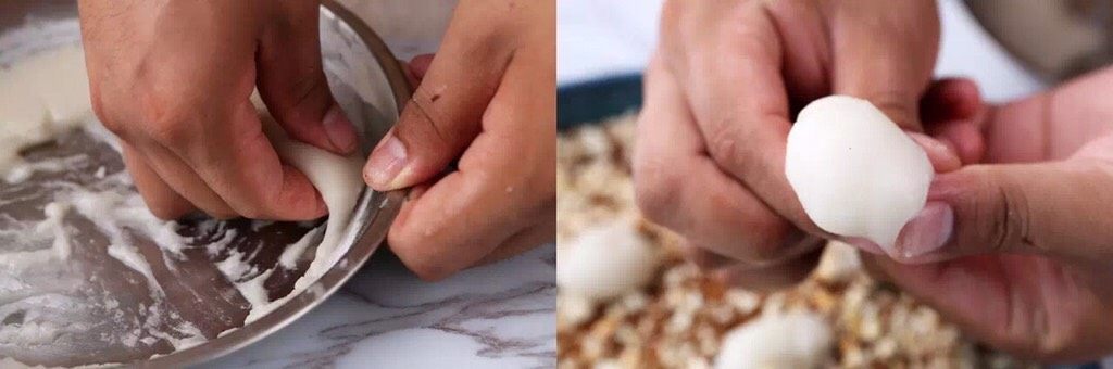 坚果糯米糍……,手上沾少许水,将蒸好的糯米捏成一个个团状