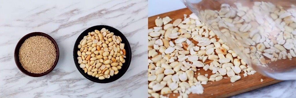 坚果糯米糍……,
花生炒熟,去皮,或者直接买熟的花生米;用擀面杖或者圆柱形的玻璃瓶碾压碎