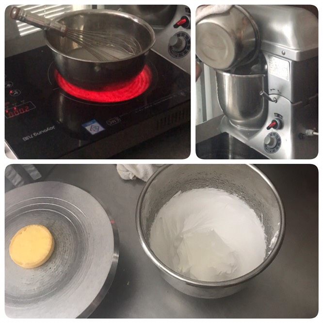 法式柠檬塔,制作蛋白霜,先将B加热至110度,倒入到打至湿性发泡的A中,将柠檬酱填到甜挞皮中。