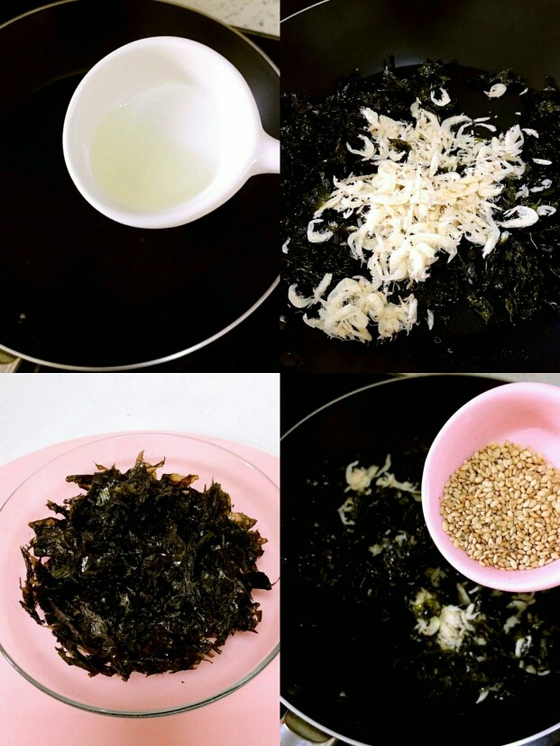 拌饭料,锅底加入植物油、中小火翻炒紫菜、依次加入虾皮、芝麻(整个规程只需要3分钟