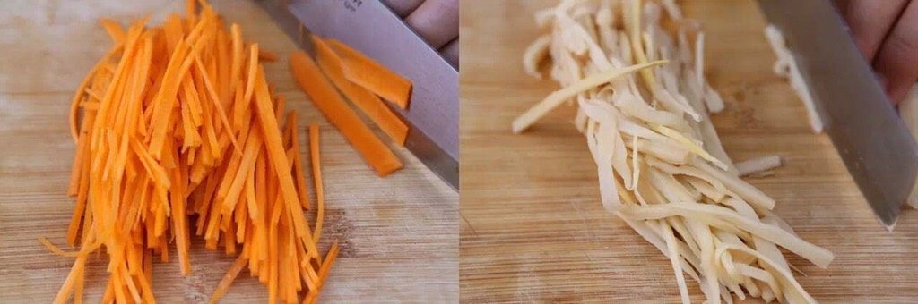 有个省事的招做豆腐皮?我好像瘦不下去了……腐皮杂蔬卷,胡萝卜、酸笋切成和金针菇粗细均匀的细丝