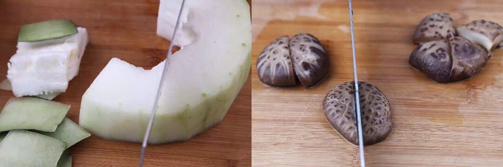 一碗这个汤,冬瓜切开剥去籽,切大块,蒸出来吃着很过瘾,煮好的香菇凉置后切小块