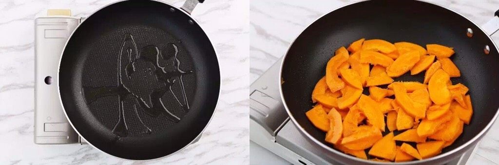 南瓜金汤泡嫩豆腐,热锅起油,倒入南瓜片