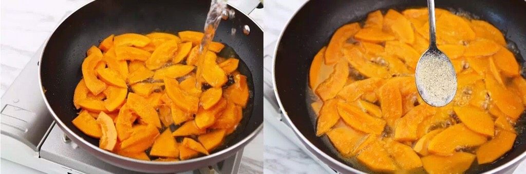 南瓜金汤泡嫩豆腐,加水淹过南瓜片,加适量盐和胡椒粉
煮至南瓜软烂熟透,起锅前撒盐调味