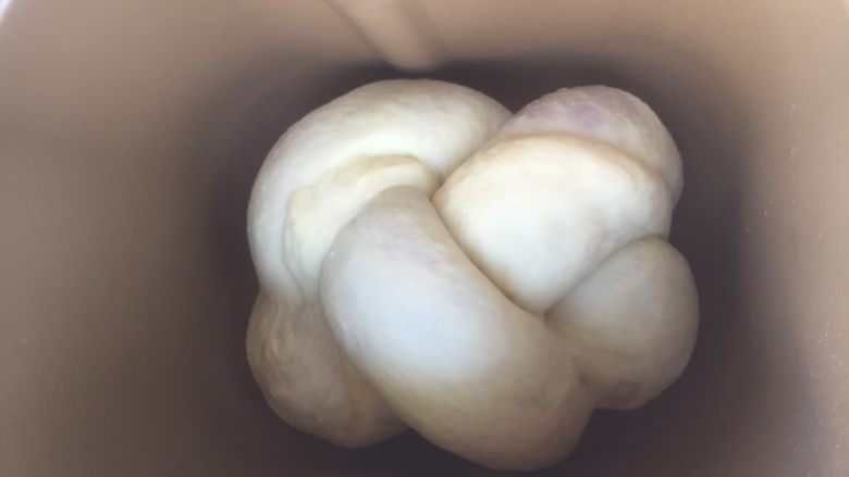 面包机版 紫薯双色吐司,三股辫的两头压在面包机的底部。启动面包机的发酵模式,发酵一个小时(夏天自然发酵,发酵至2倍大就可以了),发酵至2倍大。