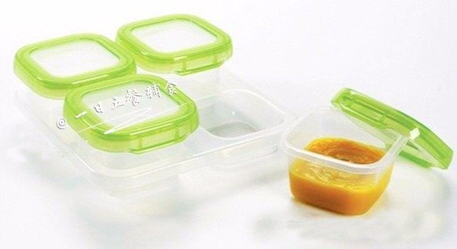 胡萝卜生菜米粉 ,打成泥后立马放辅食盒冷藏,3天内吃完。