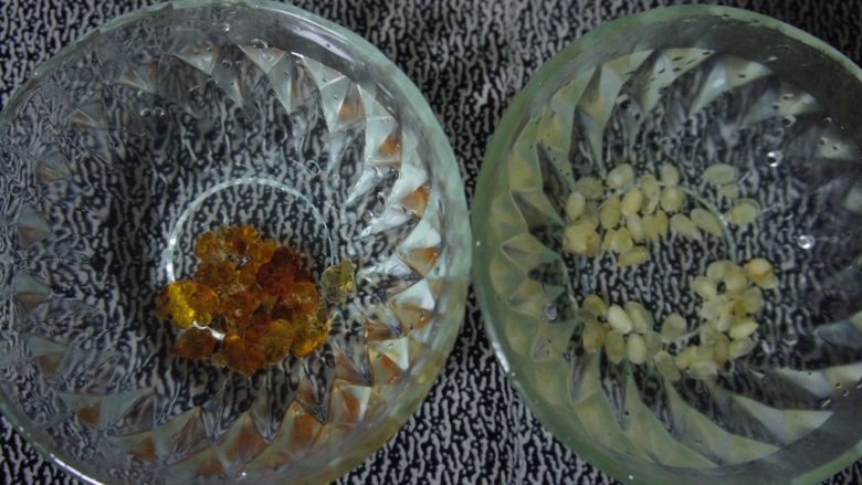 桃胶皂角米甜羹,桃胶隔上一小时换次水,去除黑色垃圾,换两次后就不用管了。泡着等明天发好