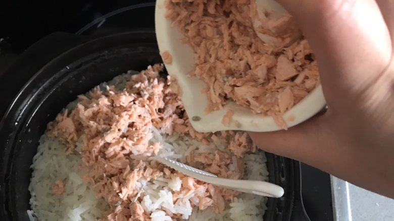 宝宝辅食之三文鱼拌饭,适用于13个月长出牙齿的宝宝,接着和煮好的饭拌到一起