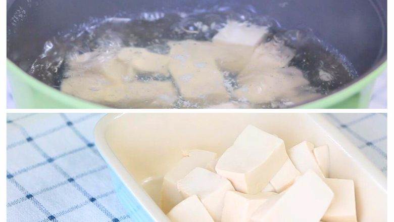 猪肉豆腐蒸水蛋,豆腐切小块,热水中焯1分钟去去豆腥味,沥干水分,放入蒸盘中。