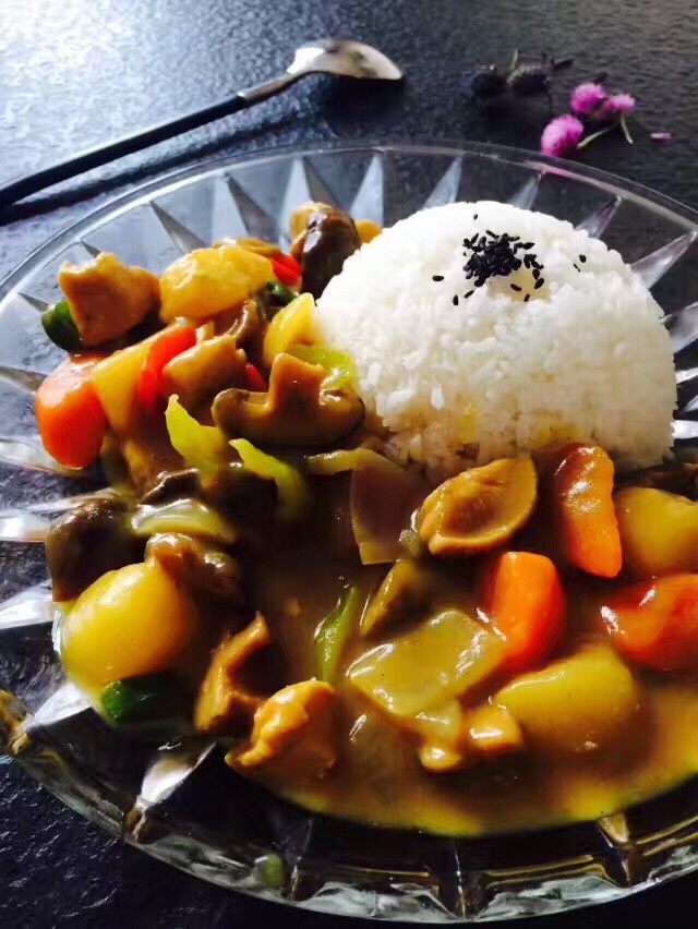 咖喱鸡肉饭,装盘,米饭上撒上黑芝麻。