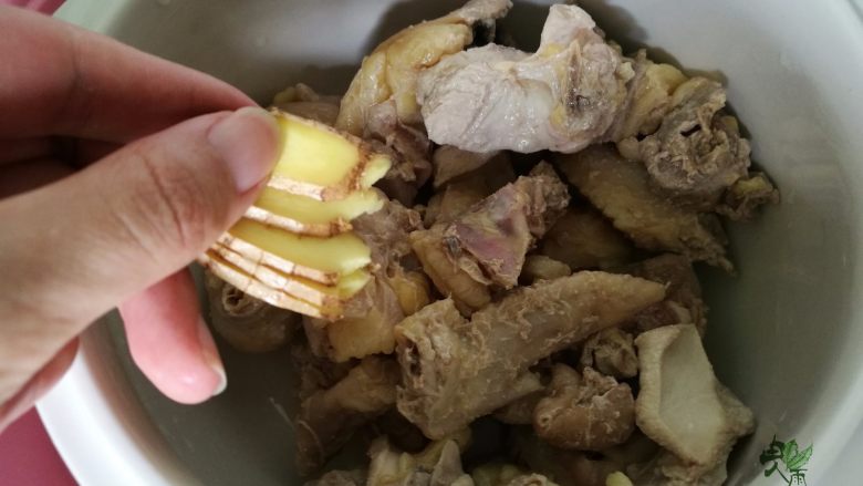 鸡汁笋片面,将鸡肉放入炖锅中,加入姜片。