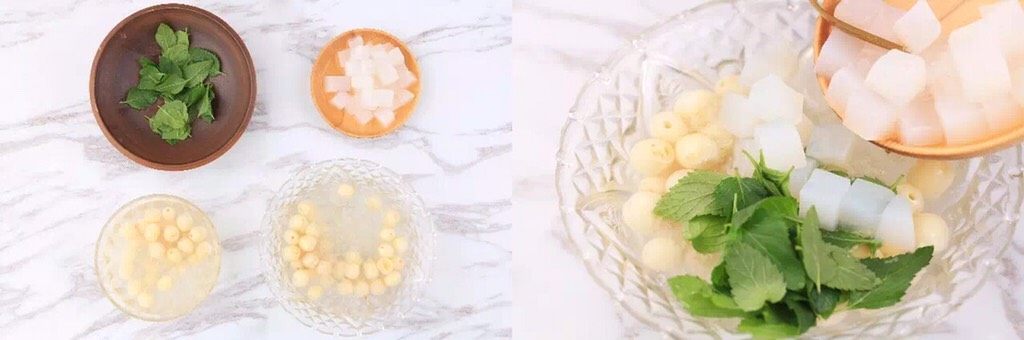 可以吃的“玻尿酸”?!,准备好椰果和薄荷叶,洒在雪燕莲子羹上,调匀吃