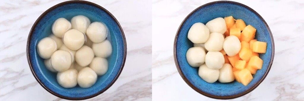 可以吃的“玻尿酸”?!,开始装碗:一半汤圆、一半哈密瓜块码好