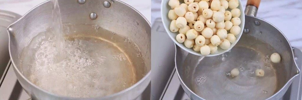 可以吃的“玻尿酸”?!,干莲子(红或者白莲子都可以)提前泡4小时以上,泡软为止,记得去芯;煮开一锅水后放入莲子