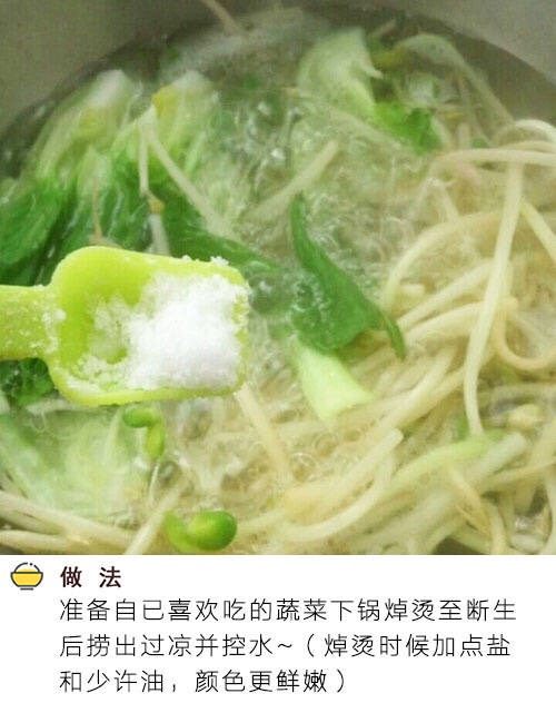 水煮肉片,将自己喜欢的蔬菜下锅焯烫至断生后捞出过凉并控水（焯烫时加盐和少许油，颜色更鲜嫩）