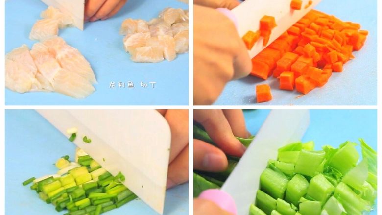 宝宝鱼肉小馄饨,龙利鱼切丁,胡萝卜切丁,葱切碎,油麦菜邦切碎。