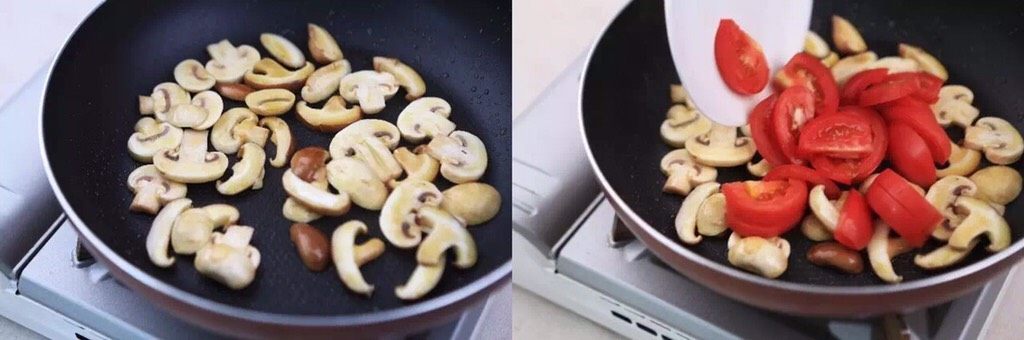 常见蔬菜熬出一锅鲜,让你餐桌上的汤不再单调!,蘑菇煎至两面金黄,加入西红柿翻炒出汁